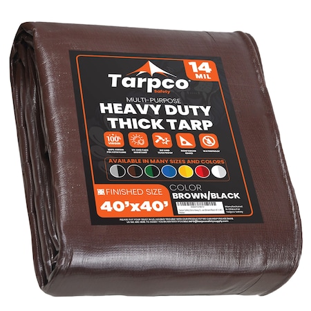 Tarpco Safety Heavy Duty Tarp, 40 ft L x 0.5 mm H x 40 ft W, 14 Mil, Brown/Black, Polyethylene TS-102-40X40